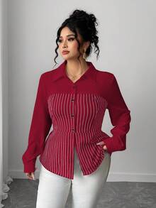 Elenzga 大码优雅办公/通勤单排扣条纹衬衫 - 紅色 - 查看 3