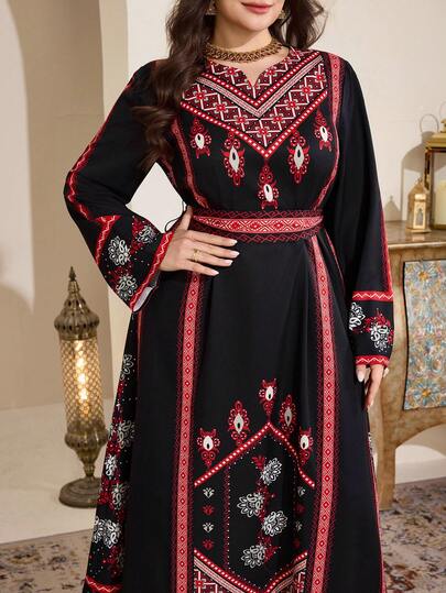 Al Najma Plusstorlek Dam Blommigt Tryck V-ringad Långärmad Elegant Arabisk Maxiklänning