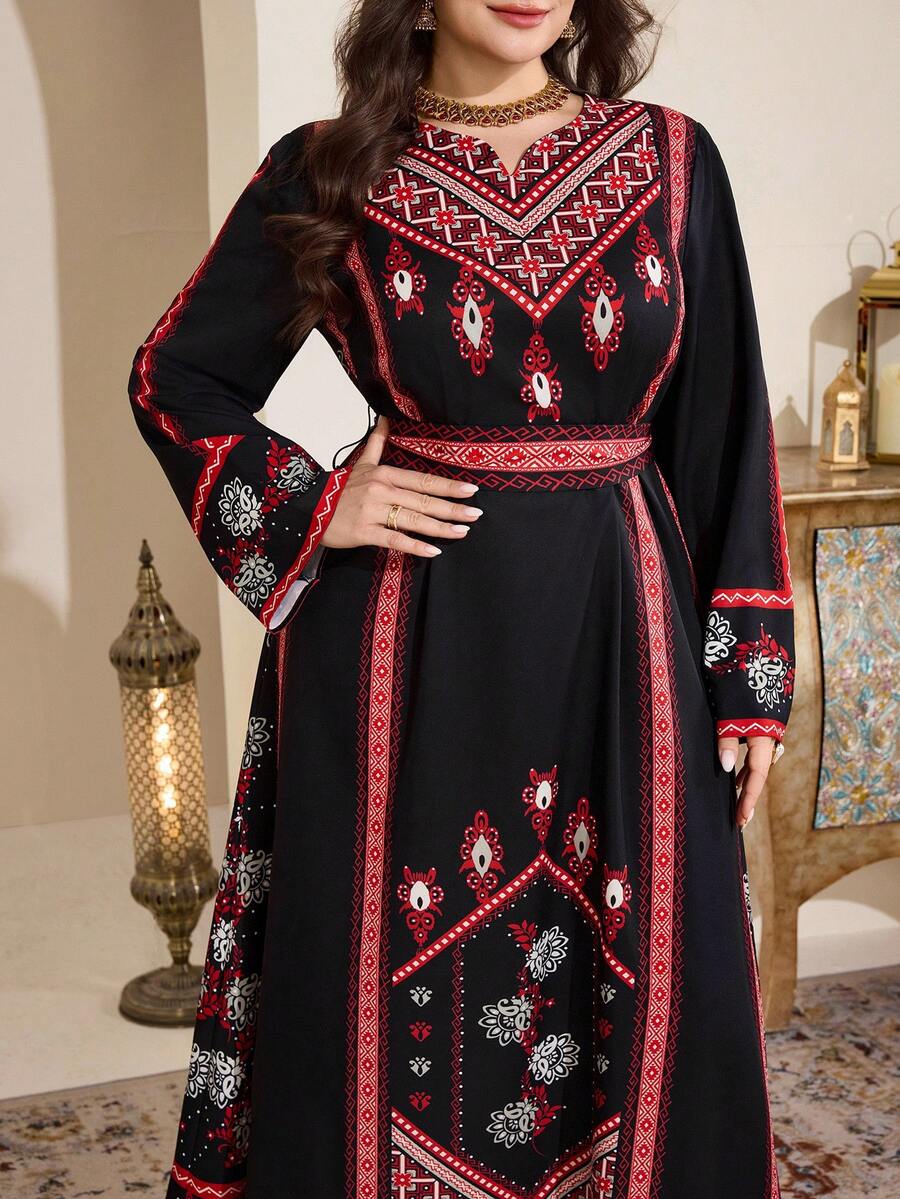 Al Najma 大码女式印花V领长袖优雅阿拉伯风长裙 - 黑色 - 查看 1