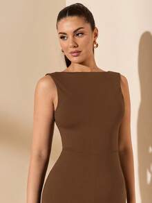 SHEIN BAE 春夏纯黑色优雅性感露背系带蝴蝶结无袖超长阔腿连体裤，适合日常约会、外出、聚会、派对等场合，优雅女士叠穿，不对称连体裤，阔腿连体裤，情人节连体裤，日常连体裤，优雅连体裤 - 棕色 - 查看 3