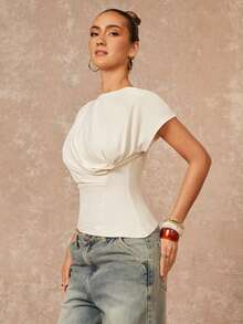 Lumalex 早春舒适柔软船领短袖不对称下摆开衩腰身女式衬衫，适合度假、生日、婚礼、婚礼宾客、夏季假日、海滩、奢华造型、低调奢华、舞会、聚会、宴会、老钱派对、锐舞派对、音乐节、层次丰富的Al-Adha派对等场合。 - 杏色 - 查看 8