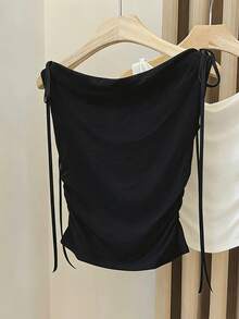 SHEIN 女士纯色垂褶领口系带肩部褶皱时尚衬衫 - 黑色 - 查看 2