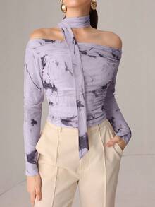 NOVVYNE Autumn Knitted Sexy Sheer Mesh Ribbon Print T-Shirt Light Purple Top - Mauve Purple - View 7