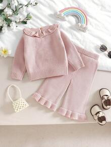 2件套女婴荷叶边领小鹿提花毛衣上衣+时尚阔腿裤套装，秋冬季两件套，幼儿两件套亲子装，女婴冬季两件套针织套装，秋冬季女婴套装，棕色女婴针织两件套，女婴棕色套装，针织套装 - 粉色 - 查看 2