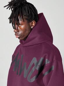SUMWON Oversized Winter Graphic Logo Pullover Hoodie Centre Pocket Front Drawstring Casual Streetwear College Fashion Statement - Burgundy - View 5