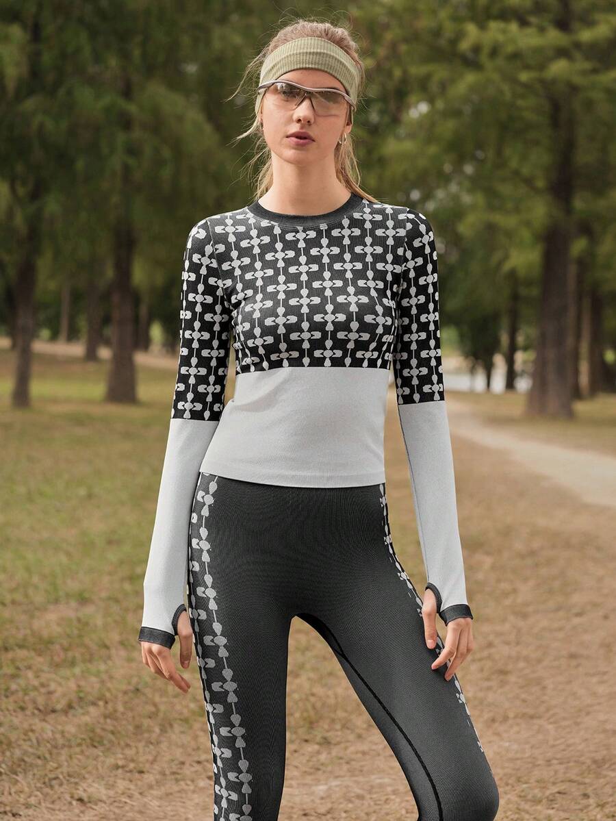 In My Nature Set sport pentru yoga în aer liber pentru femei, model jacquard, cu mânecă lungă jacquard și orificiu pentru degetul mare, colanți strâmți cu talie înaltă și jacquard în culori contrastante, potrivit pentru alergare, activități în aer liber, yoga, ciclism - Alb-negru - Vizualizare 1