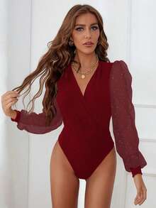 Zolique Autumn New Sexy Slim Metallic Mesh Patchwork Ribbed V-Neck Long Sleeve Bodysuit For Women - Burgundy - View 6