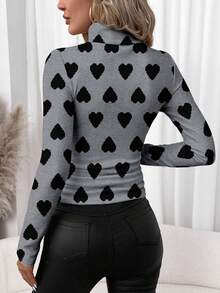 SHEIN Clasi Áo thun cổ lọ họa tiết trái tim in hình ngày lễ tình nhân và năm mới dành cho nữ, phong cách tối giản, phù hợp để mặc khi đi chơi, mặc ở nhà, đi làm, sang trọng - Nhiều màu - Xem 2