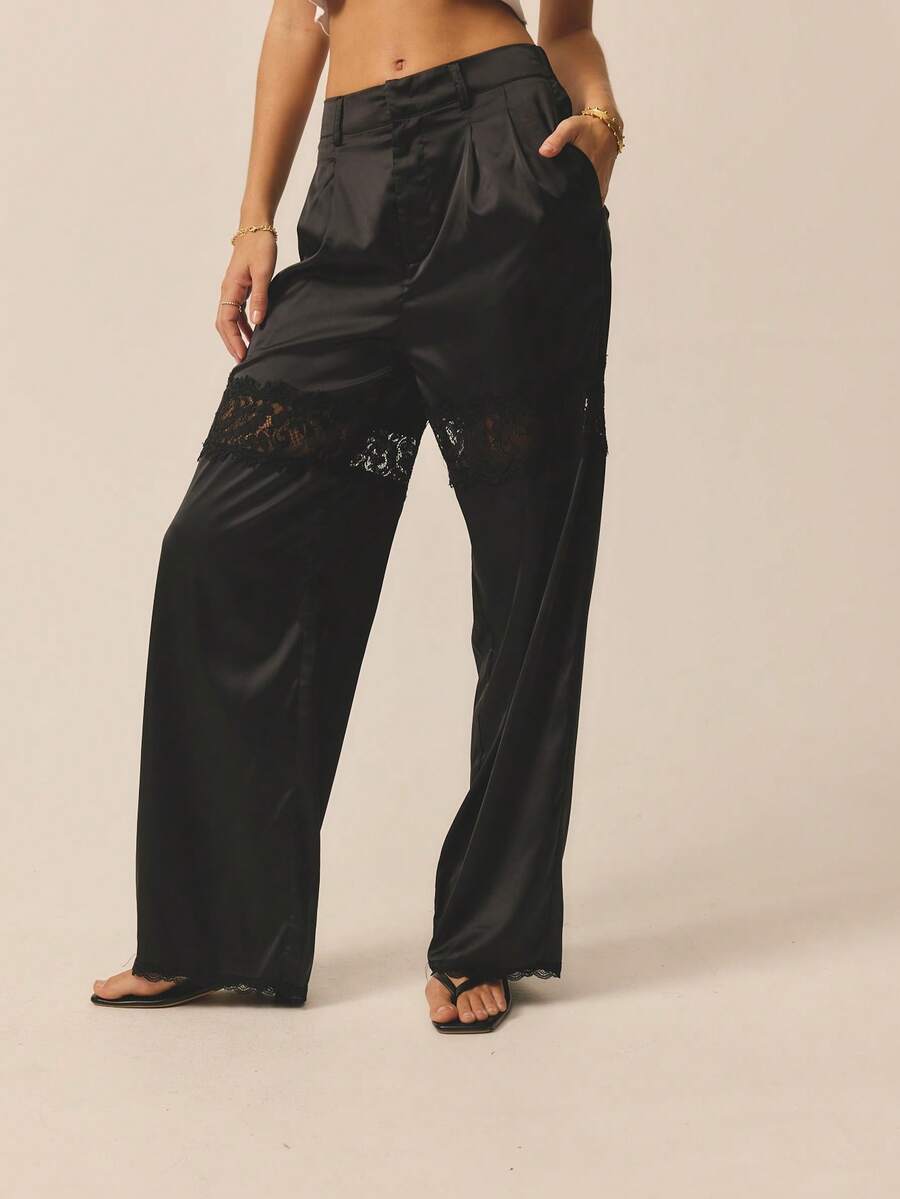 Aralina Pantalones relajados de cintura alta con inserto de encaje, elegantes para fiestas de Navidad, Año Nuevo y Acción de Gracias - Negro - Ver 1