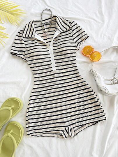 Soleia Striped Romper For Women, Casual For Vacation, Date, Beach, Bodysuits For Women Short Sleeve, Retro Women Clothes, Nightclub, Beach, Cruise, Graduation Brunch, St. Patrick's Day, Spring Break, Easter, Music Festival, Elegant Boho Tropical