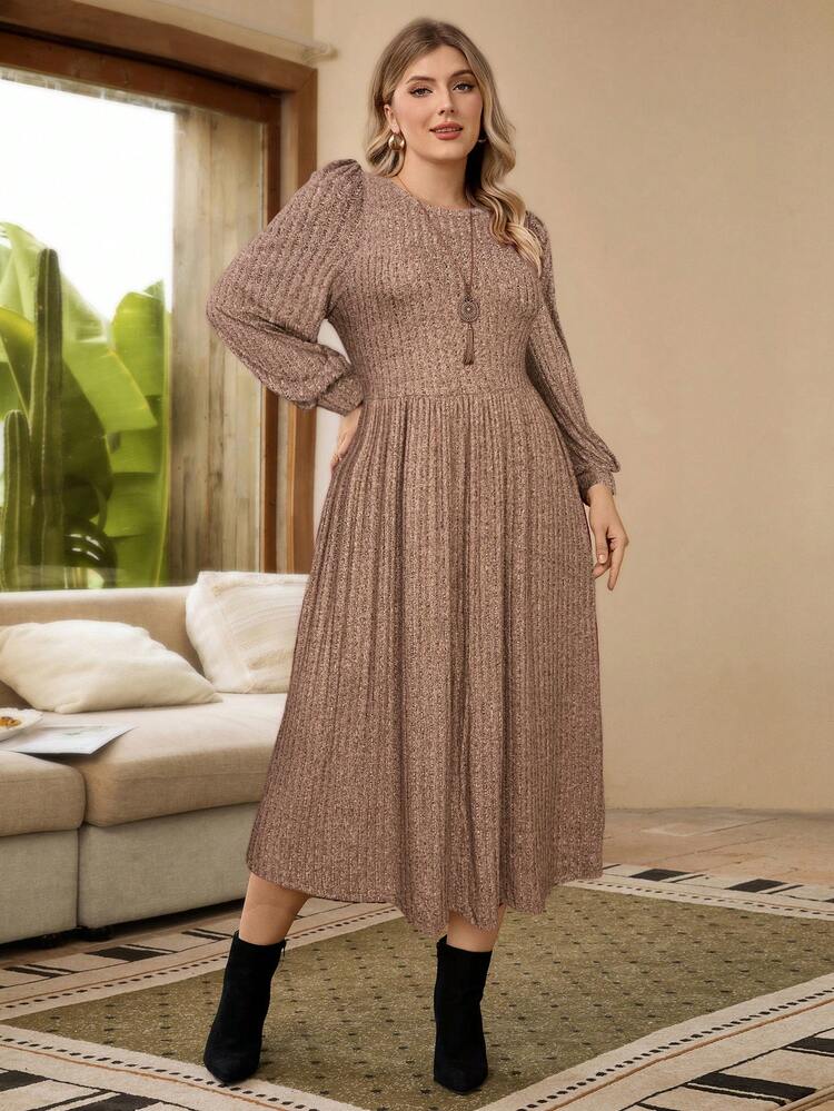 Plus Solid Lantern Red With Sleeves Sleeve Ribbed Knit Winter Dress