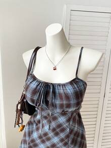 Comfortcana 大码休闲复古蓝棕色格子连衣裙