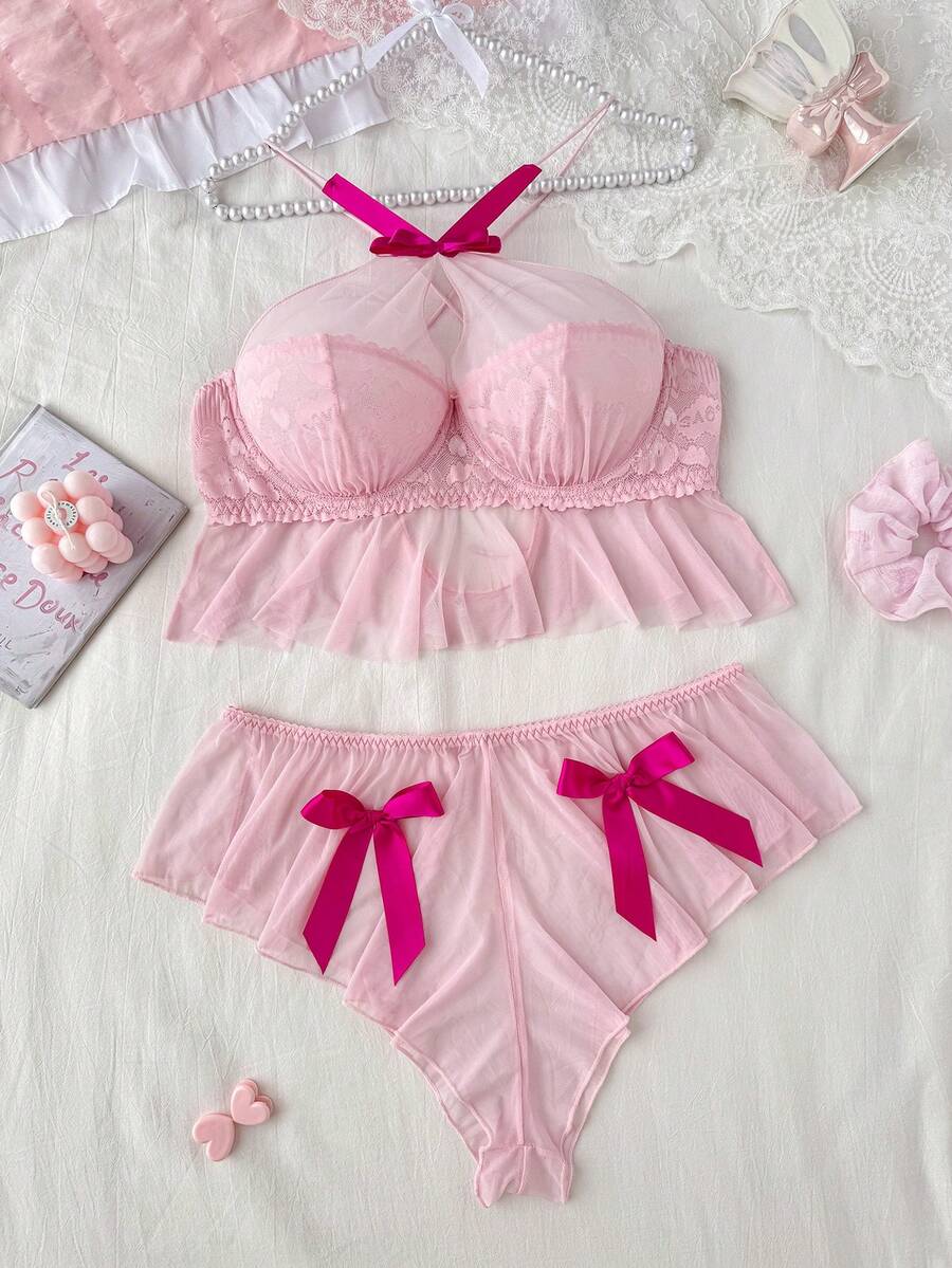 PetitDoll Set de 3 piezas con top de malla y encaje en contraste - Rosa - Ver 1