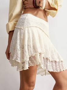 Bohemela Women's Spring/Summer Boho Elegant Romantic Vacation Beach Music Festival Western Sexy Fashion Floral Lace Layered Ruffle Mini White Skirt, Suitable For Date Night, Nightclub, Girlfriend Gathering, Birthday Party, Holiday Party, Valentine's Day Mini Skirt, Party Women, Beach Mini Skirt, White For New Year's Eve, Beach Skirt ,Casual Women, White Skirt - Apricot - View 5