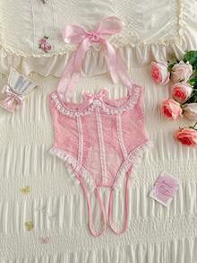 PetitDoll 情人节女士粉色甜美露背蝴蝶结装饰性感蕾丝连体裤 - 粉色 - 查看 1