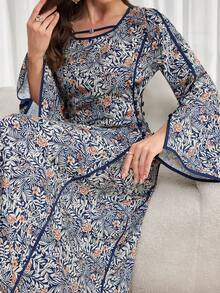 Al Najma Women's Round Neck Flare Sleeve All-Over Print Waist Cinched Elegant Arabic Style Dress - Brown - View 3