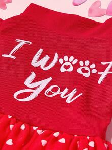 PETSIN 1pc I WOOF YOU Red Heart Pattern Mock Neck Lantern Sleeve Flocked & Mesh Pet Dog Dress, Valentines Luxury Outfit - Red - View 6