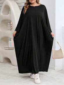 SHEIN CURVE+ 大码女式休闲宽松舒适日常基础款修身黑色七分袖连衣裙，简约风格，大码连衣裙，女士教堂礼服，户外服装/2026/新年 - 黑色 - 查看 3