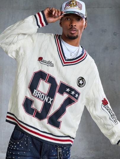 Street Life Maglione casual a maniche lunghe, scollo a V, con ricamo numerico, maglia larga da uomo