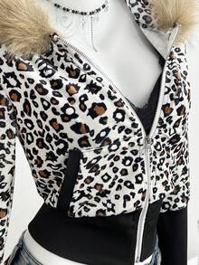 Elamini Chaqueta con capucha de mujer con estampado de leopardo, parches de terciopelo y contraste de color en el cuello de piel - Multicolor - Ver 4