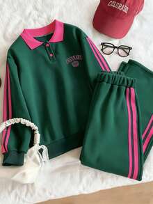 2 件套女童休闲简约 Polo 领运动衫套装，袖子和裤脚两侧有白色编织带，正面有刺绣装饰，适合上学、郊游、散步 - 綠色 - 查看 3