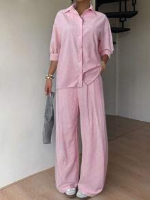 SHEIN EZwear 女士条纹衬衫长裤套装，休闲度假装，春夏款 - 粉色 - 查看 3