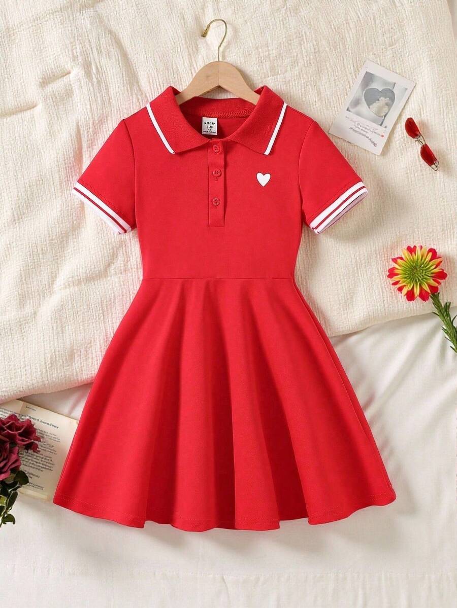 SHEIN Elladie kids 女童简约纯色 Polo 领爱心印花短袖连衣裙