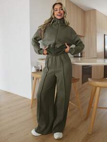 EURMUSE 女士舒适两件套家居服，配有双面拉链 - 軍綠色 - 查看 6