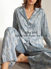 Ocili Bộ đồ ngủ nữ bằng vải satin jacquard, họa tiết trừu tượng tối giản, thoải mái, cổ ve lật, tay dài và quần dài, thích hợp cho giấc ngủ mùa thu hoặc mùa đông. - Màu xanh bụi bặm - Xem 1