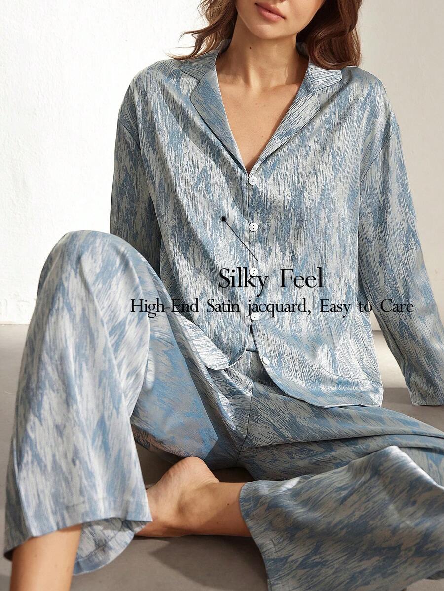 Ocili Bộ đồ ngủ nữ bằng vải satin jacquard, họa tiết trừu tượng tối giản, thoải mái, cổ ve lật, tay dài và quần dài, thích hợp cho giấc ngủ mùa thu hoặc mùa đông. - Màu xanh bụi bặm - Xem 1