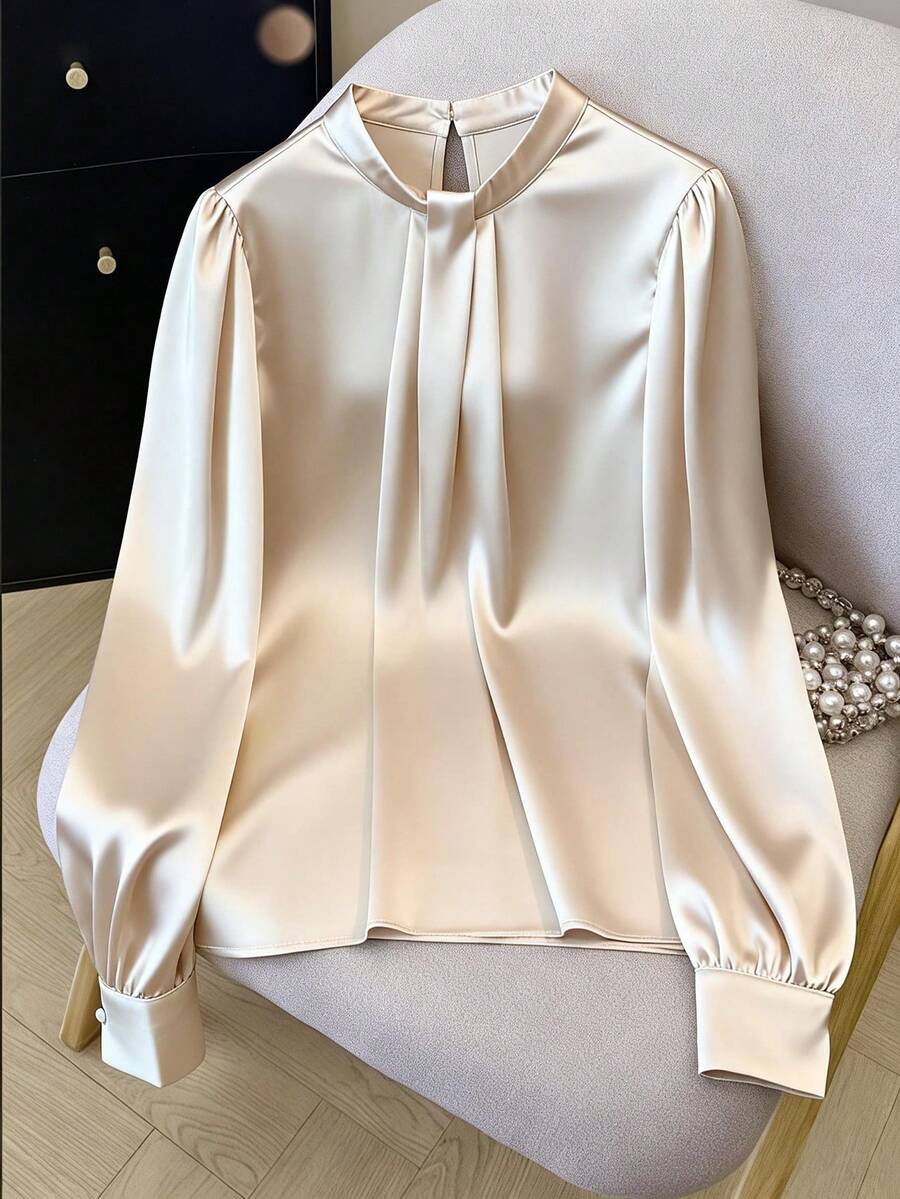 GlowEve CURVE Plus Size Satin High Collar Faux Bow Pleated Long Sleeve Shirt, Elegant For Outings, Commute, Dates, And Gatherings - Apricot - View 1