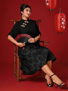Elenzga 女士加大码黑色常规长度半袖衬衫，饰有中国式盘扣 - 黑色 - 查看 6