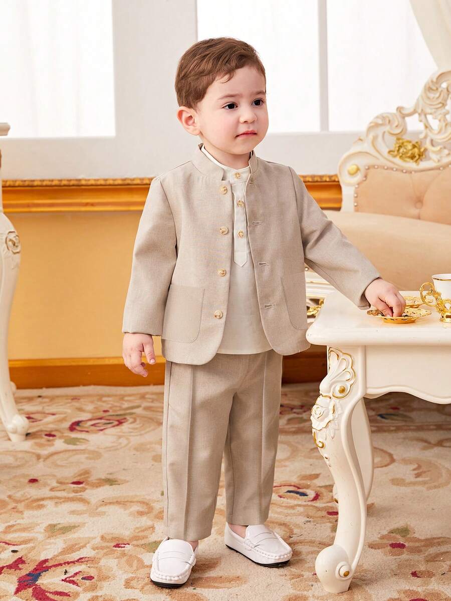 SHEIN 2 piezas Conjunto informal de estilo caballero para niño, incluye chaqueta blazer beige y pantalones formales, adecuado para ocasiones formales, fiestas de cumpleaños, raves, galas, actuaciones, bodas, baby showers y celebraciones del 1er cumpleaños - Multicolor - Ver 1