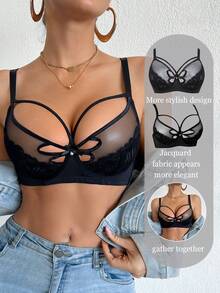 DesireSculpt 女士蕾丝撞色网纱钢圈文胸（1件装） - 黑色 - 查看 5