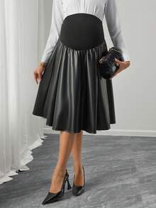 Momance Maternity PU Leather Pleated Patchwork Versatile Casual Skirt - Black - View 1