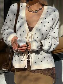 Livesso Women's Polka Dot Tie Front Casual Cardigan, Winter - Black and White - View 3