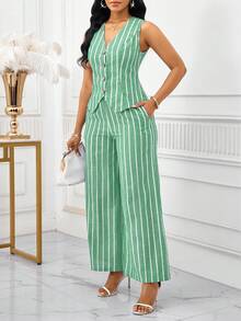 SHEIN Lady Blue And White Striped Fabric Women's Elegant Sleeveless Vest And Pants Suit Set, Business Commute Style, Summer Women Two Pieces Outfits Women Two Pieces Outfits Women Vacation Outfit Sets Pant Suit Summer Sets Women 2 Piece Sets Summer - Green - View 4