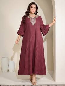 Al Najma Robe ample de style arabe avec manches évasées, appliqués et couleurs contrastées, taille grande pour femmes - Mauve - Voir 6
