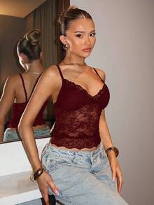 SHEIN BAE Women's V-Neck Lace Patchwork Sexy Sheer Party Camisole - Burgundy - View 3