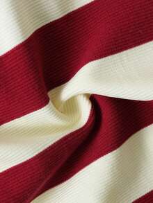 0-3岁男/女婴通用春秋季杏色条纹领长袖上衣搭配纯红色裤子套装，适合外出、家庭聚会、节日和休闲散步。