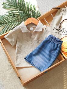 SHEIN Vintaside Kids Bộ áo thun tay ngắn cổ bẻ họa tiết Paisley cho bé trai kết hợp với quần short denim giặt thời trang, trang phục mùa hè thường ngày đa năng, thích hợp mặc hàng ngày, cắm trại gia đình, ăn uống hoặc mua sắm - Nhiều màu - Xem 5