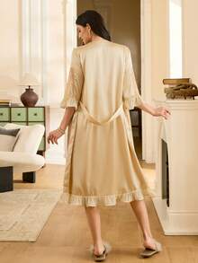 Moireta Women's Elegant Romantic Vintage Lace Ruffle Patchwork Satin Criss-Cross Tie Mesh Bow Sleepwear Set, Suitable For Valentine's Day And Wedding Season - Champagne - View 2