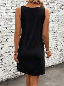 SHEIN LUNE Casual Minimalist Tree & Moon Print Sleeveless Dress, Suitable For Summer Spring,Casual - Black - View 2