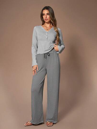 Lazeform Striped Woven Fabric Long Sleeve & Long Pants Casual Women Pajama Set