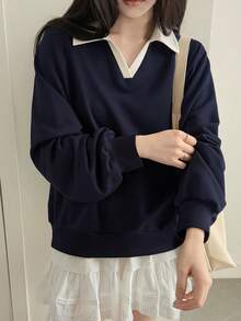 DAZY Áo nỉ rộng rãi có khóa kéo cổ màu tương phản dành cho nữ - Màu xanh hải quân - Xem 7