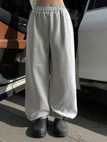 DAZY Celana Jogging Wanita Longgar dengan Pinggang Dua Lapis dan Panel Warna Kontras - Grey - View 1
