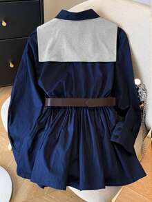 Resyla 女士披肩领收腰长袖衬衫裙，时尚百搭，适合度假和聚会 - 藏蓝色 - 查看 2