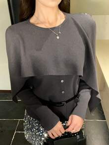 DAZY 女士纯色修身披肩领二合一长袖优雅针织毛衣，春秋季 - 灰色 - 查看 3