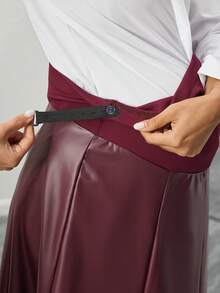 Momance Maternity Skirt With Belly Support, Ribbed & PU Leather Patchwork A-Line Skirt - Burgundy - View 4