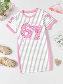 SHEIN 夏秋两季少女休闲时尚创意个性清新简约别致数字67、星星、竖条纹、标语印花舒适短袖T恤裙，适合女孩的温暖夏秋装扮 - 卡其色 - 查看 4